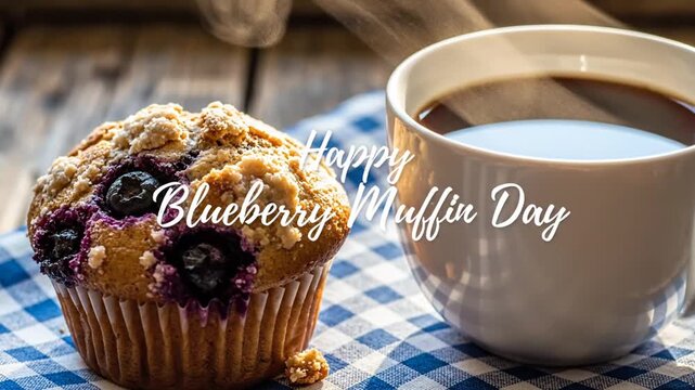Delicious blueberry muffin and coffee cup on a wooden tabletop