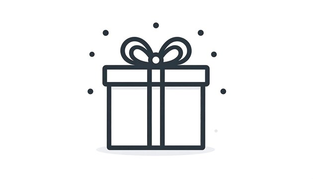 A simple, black-outlined illustration of a wrapped gift box, topped with a bow and surrounded by floating dots
