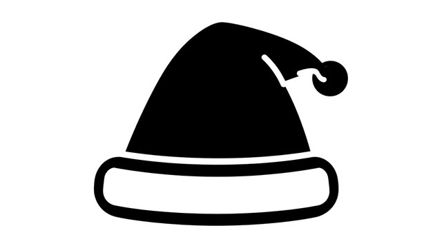 A simple, bold, black and white depiction of a Santa hat. The hat has the iconic curved shape with a fluffy white band at the bottom and a pompom