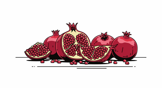 A vibrant illustration of cut and whole pomegranates with arils spilling out
