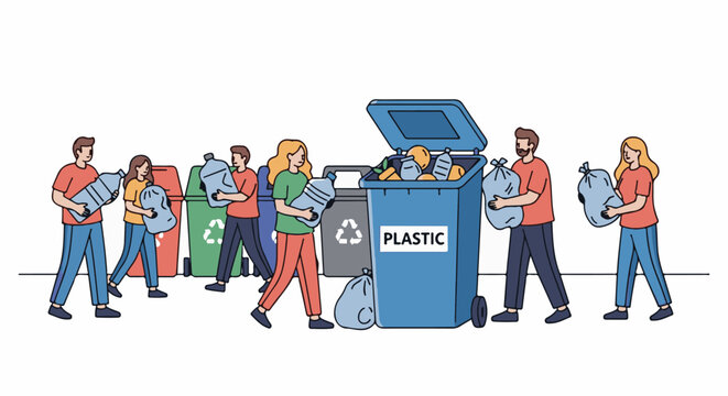 Diverse people sort and deposit plastic waste into designated recycling bins