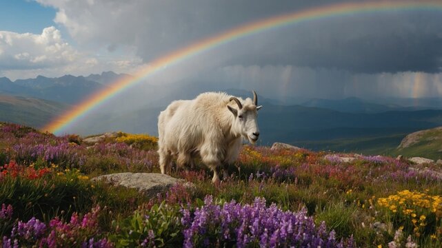 Majestic mountain goat standing in vibrant wildflower meadow under a rainbow in the background