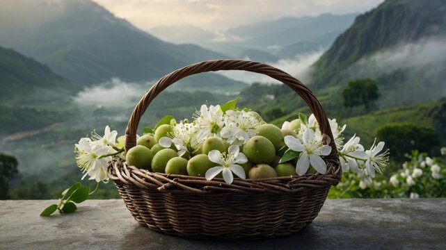 A woven basket filled with fresh green fruits and white flowers set against a misty mountain backdrop