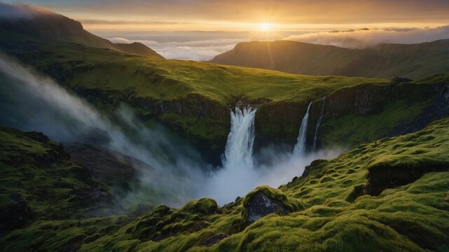 Majestic waterfall cascading down lush green cliffs at sunrise, surrounded by mist and mountains
