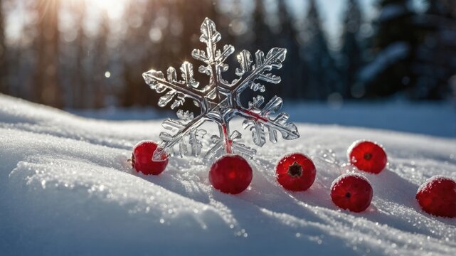 Sparkling snowflake and red berries on a snowy landscape during winter sunlight