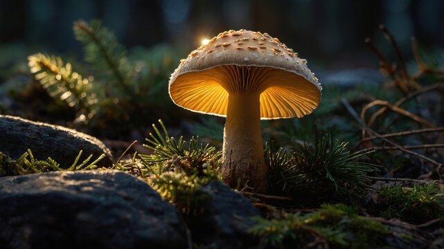 Enchanted forest scene featuring a glowing mushroom surrounded by rocks and greenery at dusk