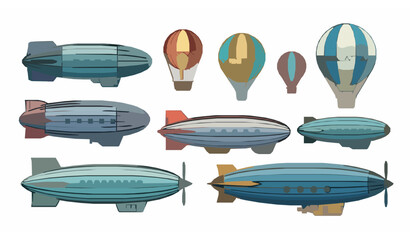 Colorful Retro Zeppelin Airship Set Flat Vector Passenger Blimp Collection Isolated on White Background © Sabbir