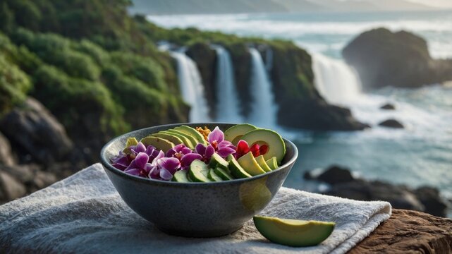Colorful fruit bowl with flowers, set against a waterfall backdrop, depicting a serene outdoor scene