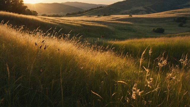 Serene sunset over rolling hills with golden grass, showcasing nature's beauty and tranquility