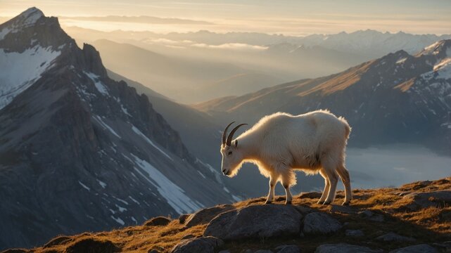 Mountain goat standing on rocky terrain during sunset, with majestic mountain range in background