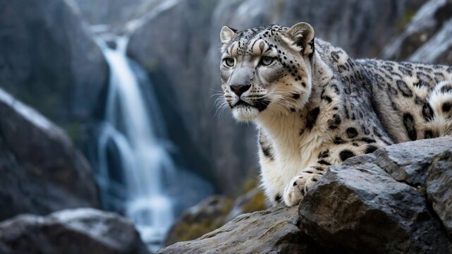 Snow leopard resting on rocky terrain near a cascading waterfall in a serene mountain landscape
