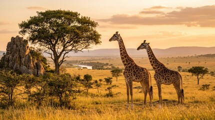 Obraz premium Two Majestic Giraffes Standing in a Golden Savanna Landscape at Sunrise