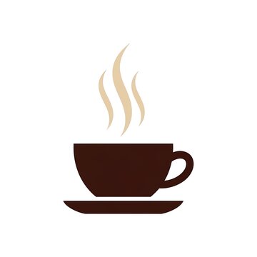 A simple, brown coffee cup on a saucer, with tan steam rising up against a white background. Graphic stylized illustration