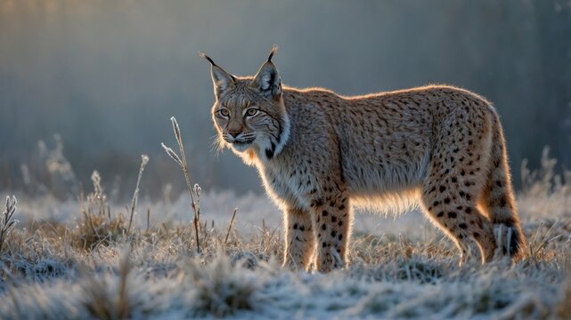 Majestic lynx standing in a frosty field at sunrise, showcasing its beauty in a serene winter landscape