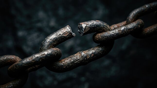 Rusty broken heavy metal chain link, a powerful symbol of freedom, liberation, breaking boundaries, overcoming adversity, and ultimate personal strength