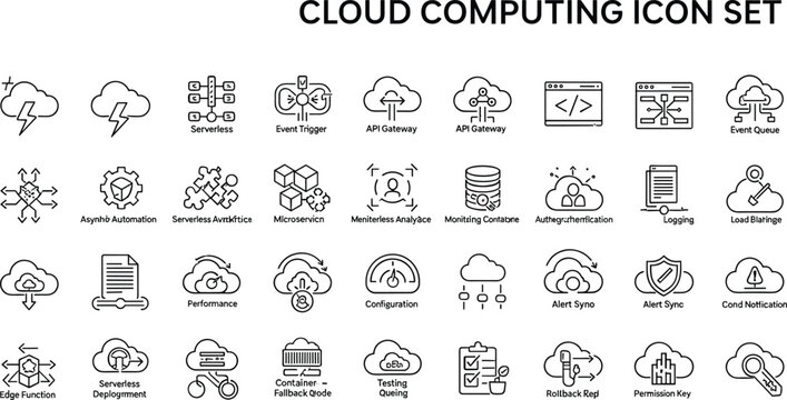 Cloud Computing Analytics Automation Line Icon Set Featuring API Gateway Monitoring Machine Learning Security Thin Outline Vector Collection