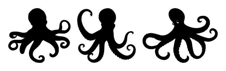 Naklejka premium Octopus set with stylized silhouette design featuring marine life, tentacles, line art with black and white and circular backdrop