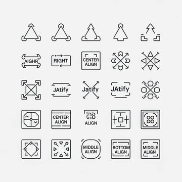 Collection of alignment and layout icons for center, left, right, top, and bottom positioning in a grid.