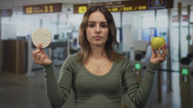 Woman holding apple and ricecake with hands raised at airport terminal security gate; thoughtful choice.
