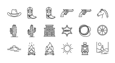 Fototapeta premium Cowboy Western Icon Set Minimal Outline Festival Desert Vector Collection
