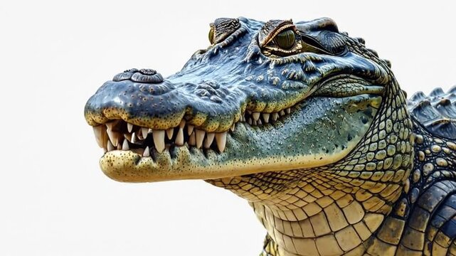 Close-up of a fearsome alligator with sharp teeth and textured skin, isolated on white background.