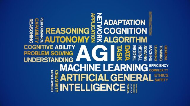 AGI Artificial General Intelligence animated word cloud-gross domestic product animation tag kinetic typography seamless loop.