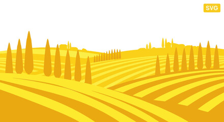 Fototapeta premium Tuscan Landscape with Cypress Trees and Rolling Hills, Vector Illustration