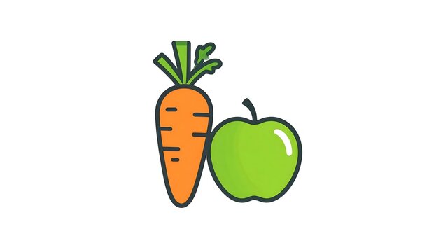 A simple, cartoon illustration of a carrot and a green apple with black outlines, isolated on a white background
