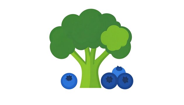A simple, cartoon illustration featuring a green broccoli with a few blueberries on a plain white background