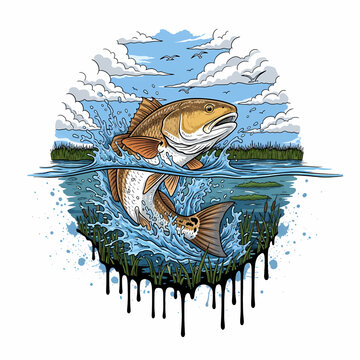 Redfish Red drum fish jumping out of water in a marsh landscape illustration