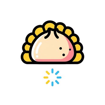 A simple, cartoon illustration of a dumpling with a yellow-edged crust and a loading symbol. The dumpling is light with black dots