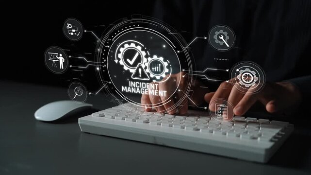 Concept of Incident Management in Digital Workspace Featuring Keyboard, Hand Gestures, Infographics, and Technology Icons Representing Data and Processes Sigmoid