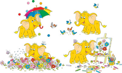 Cute baby elephant playing with an umbrella and balls, watering colorful flowerbed, drawing a picture with flowers, feeding a flock of small birds, a set of vector cartoon illustrations on white © Alexey Bannykh