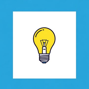 A simple, cartoon illustration of a light bulb. It glows yellow with a filament, encased in a blue-bordered white square on a blue background