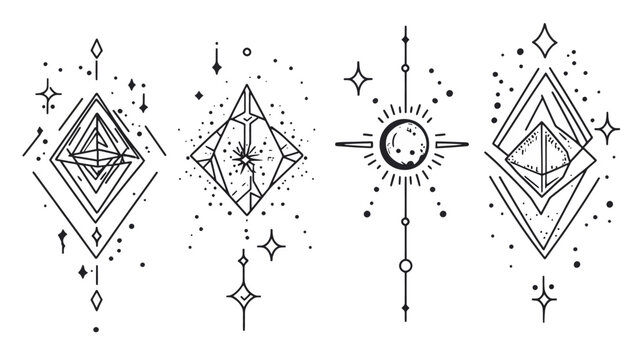 Abstract celestial line art featuring diamonds, moon, and stars in minimalist style