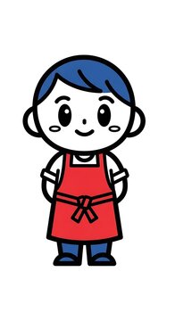 A simple, cartoon illustration of a person with blue hair wearing a red apron and dark pants, standing and smiling