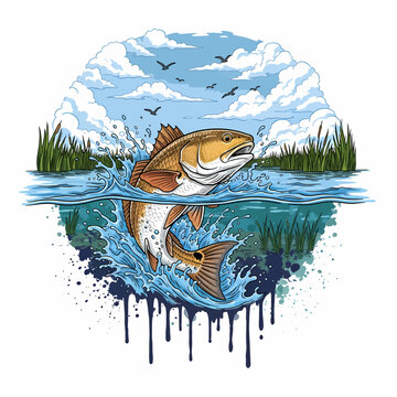 Redfish Red drum fish jumping out of water in a marsh landscape illustration
