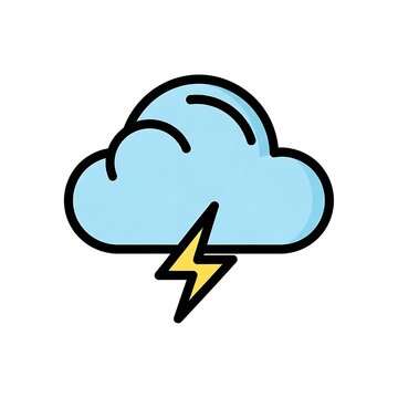 A simple, cartoon illustration of a puffy blue cloud with a black outline, and a jagged yellow lightning bolt