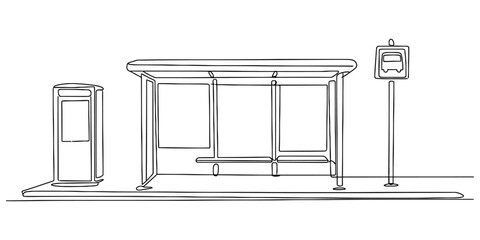 A simple black and white line drawing of a modern bus shelter with a sign and a ticket kiosk unit. Vector, illustration © Kailash Roy