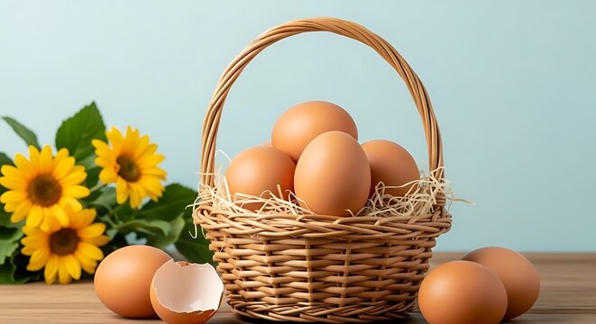 Telur cokelat di keranjang dengan latar belakang bunga matahari kuning.