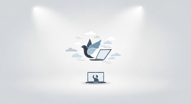A bird with wings spread, perched on a laptop computer, surrounded by clouds and a blue sky in a spacious room with a white wall and a light source from the ceiling.