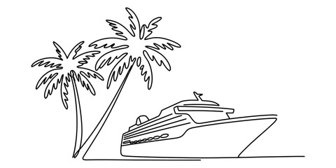 A single continuous line drawing of a large cruise ship sailing past two beautiful palm trees. Vector, illustration © Kailash Roy