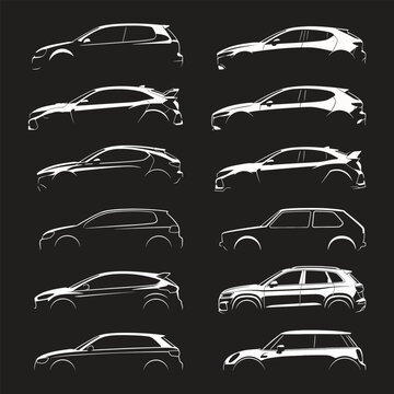 Set of hatchback cars silhouette on black background. Vector illustration