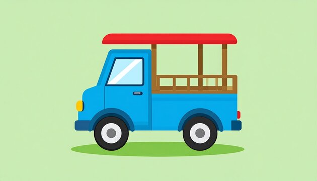 A simple, cartoon illustration of a light-blue pickup truck with a red roof, brown frame, and large wheels