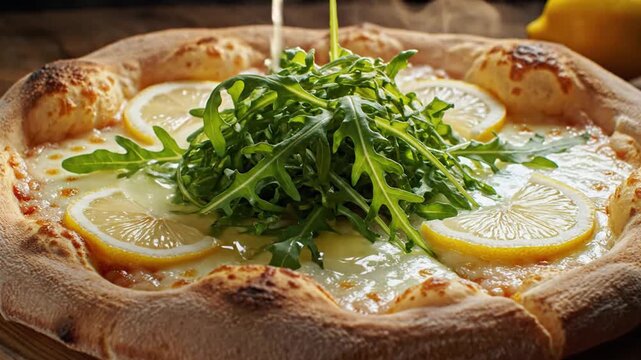 Pizza with lemon slices and greenery food photography for culinary content