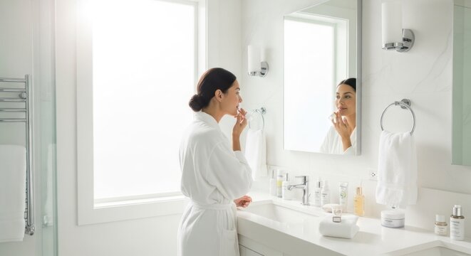 A woman in a white robe applying lipstick in front of a mirror in a bright, well-lit bathroom with a white marble countertop.