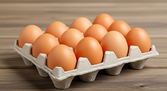 Sebuah detail rak berisi telur ayam segar di atas meja kayu.