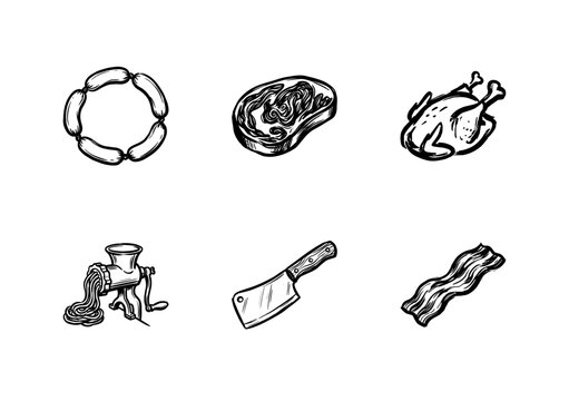 Fresh Meat Products and Butcher Shop Supplies with Hand-Drawn Inky Outlines and Vibrant Color Washes