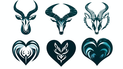 Fototapeta premium Six elegant illustrations; stylized animal heads and heart shapes, painted in dark teal shades