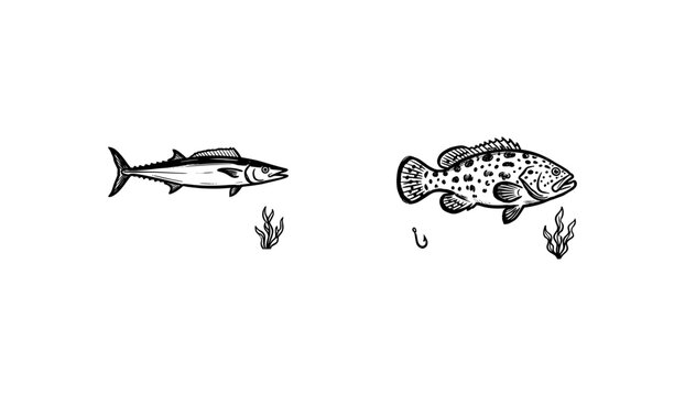 Marine Fish and Edible Saltwater Seafood Species with Fluid Ink Brush Strokes and Hand-Drawn Painterly Aesthetic